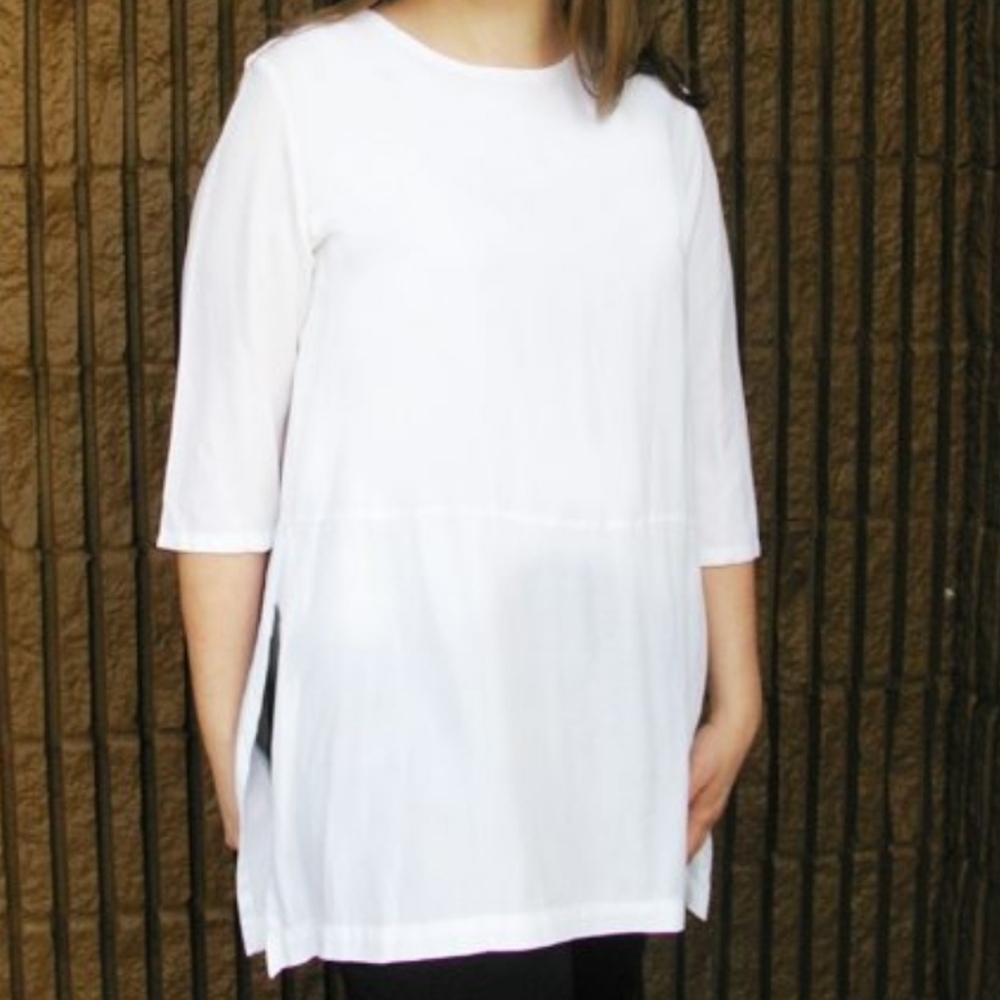 Bryn Walker Bre Linen Tunic 3/4 Sleeve Split Sides L White Top Lagenlook